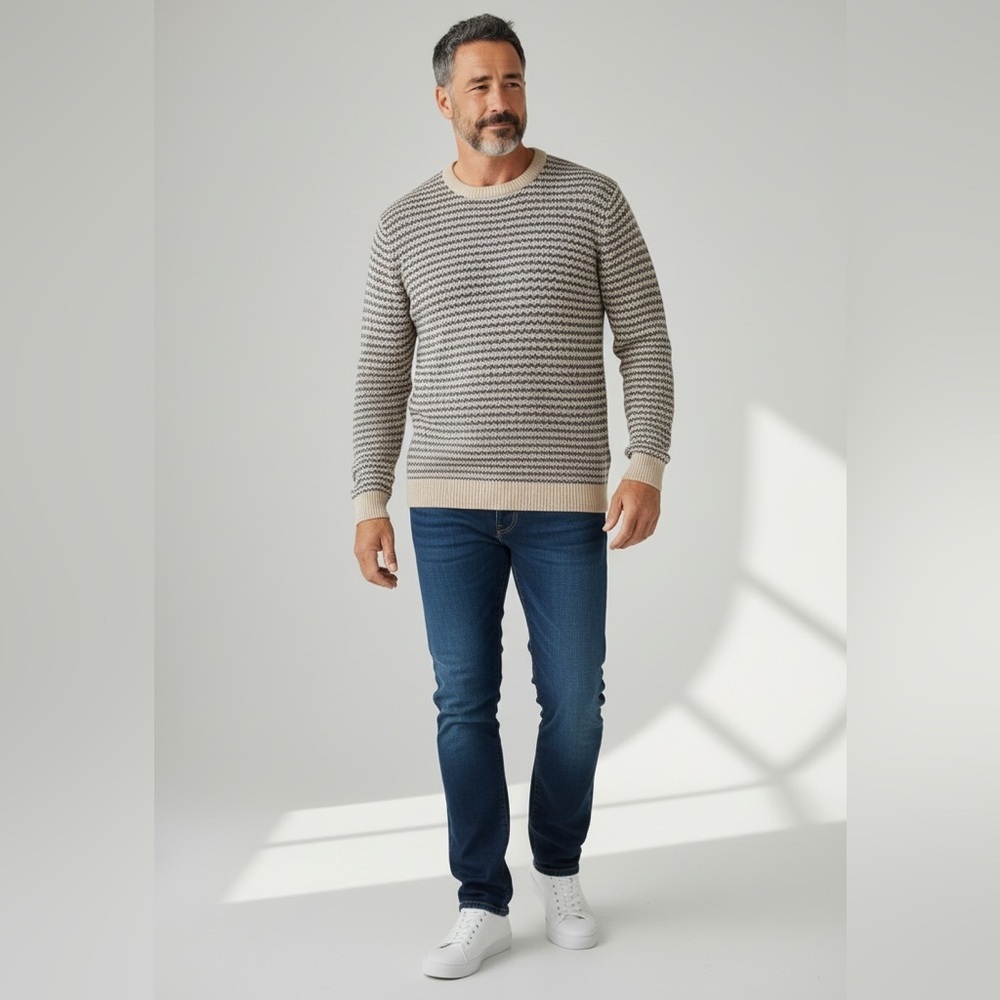 SELECTED/HOMME Beige and Navy Men's Crewneck Sweater